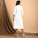 White Cotton Flax Notched Collar Midi Pleated Wrap Dress