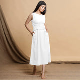 White Cotton Flax Sleeveless A-Line Midi Dress