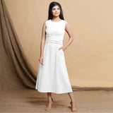 White Cotton Flax Sleeveless A-Line Midi Dress