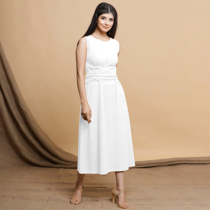 White Cotton Flax Sleeveless A-Line Midi Dress