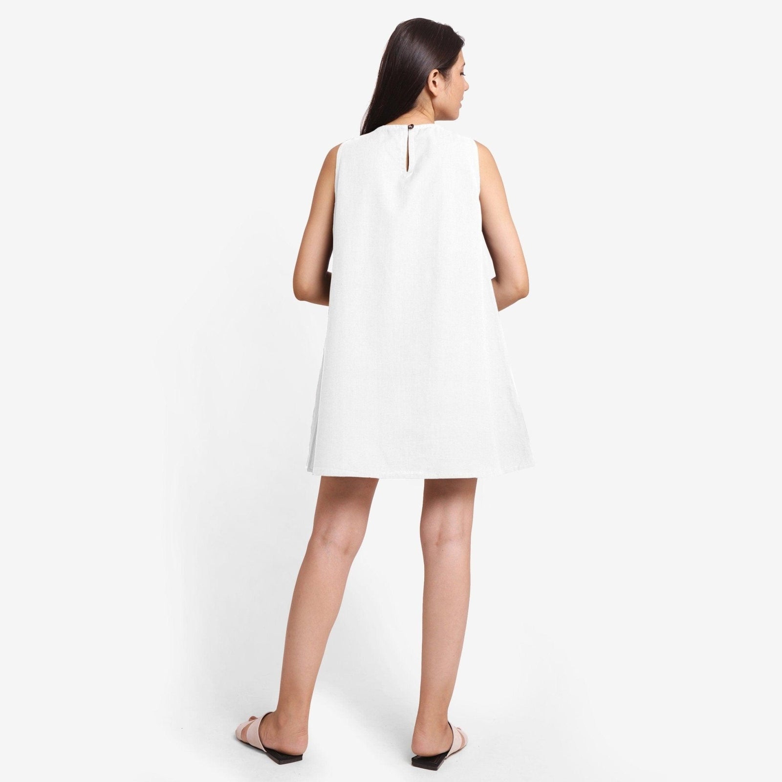 White Cotton Flax Sleeveless A-Line Mini Dress 38