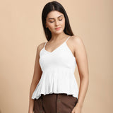 Left View of a Model wearing White Cotton Flax Slim Fit Pleated Camisole Top