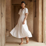 White Cotton Flutter Sleeve Tie-Back Tiered Midi Dress