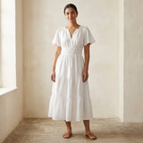 White Cotton Flutter Sleeve Tie-Back Tiered Midi Dress