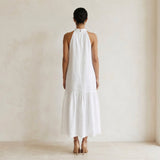 White Cotton Halter-Neck Sleeveless Midi Tier Dress