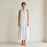 White Cotton Halter-Neck Sleeveless Midi Tier Dress