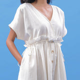 Front Detail of a Model wearing White Cotton V-Neck Frilled Bohemian Dress