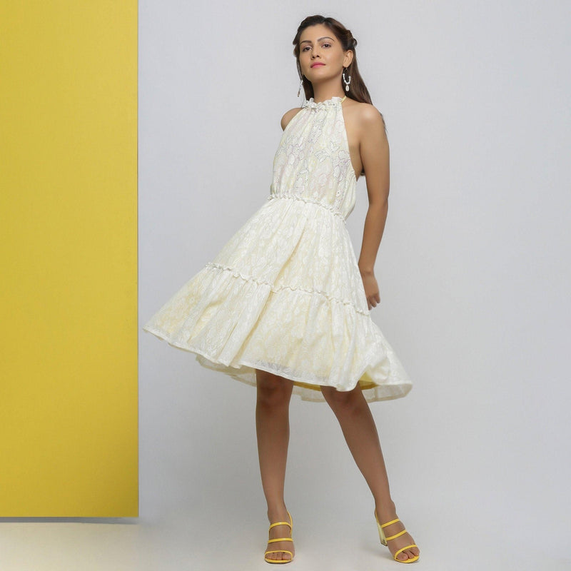 Front View of a Model wearing White Cotton Lace Fit and Flare Dress