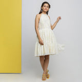 Front View of a Model wearing White Cotton Lace Fit and Flare Dress