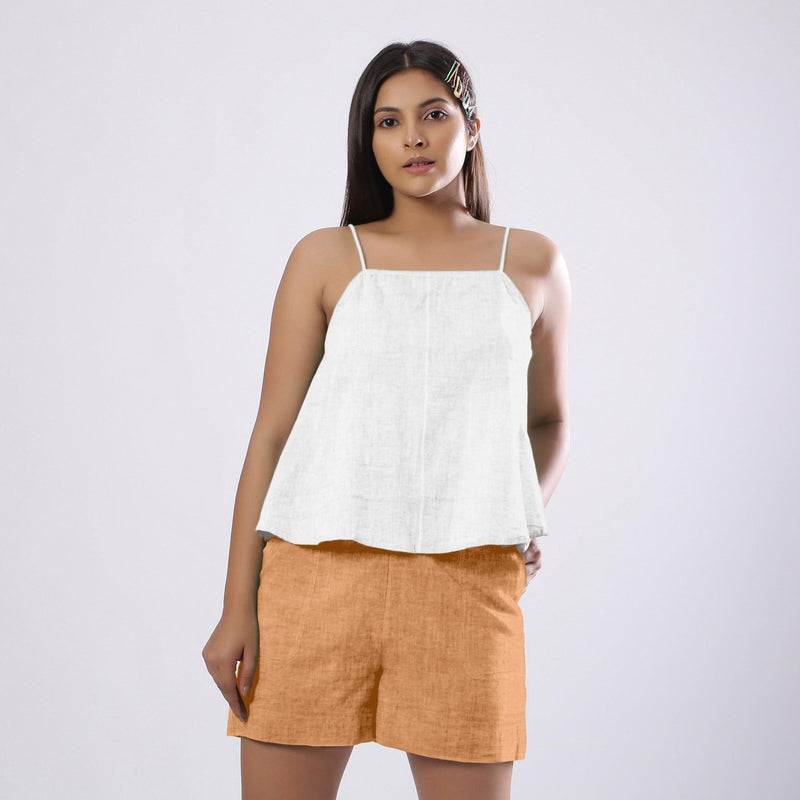 White Cotton  Linen Flared Camisole Top