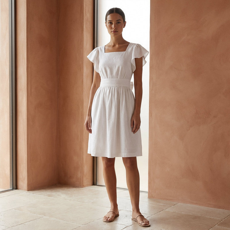 White Cotton Open-Back Fit and Flare Knee Length Dress 50