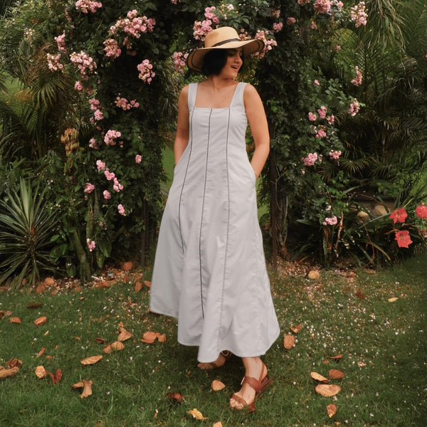 White Cotton Poplin Ankle Length Paneled Dress