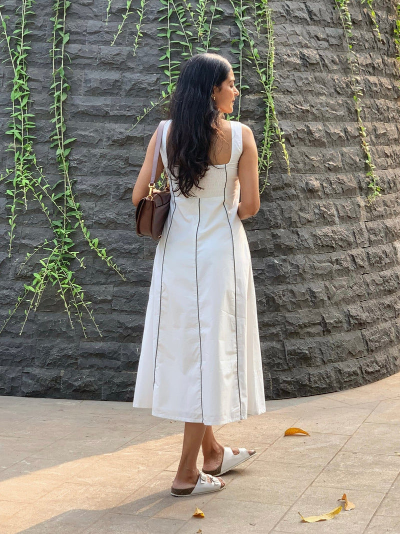 White Cotton Poplin Paneled Midi Dress