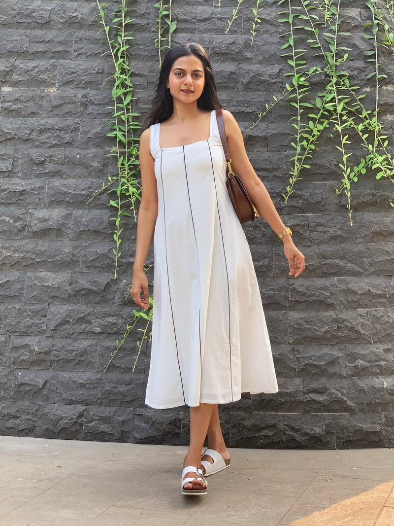 White Cotton Poplin Paneled Midi Dress