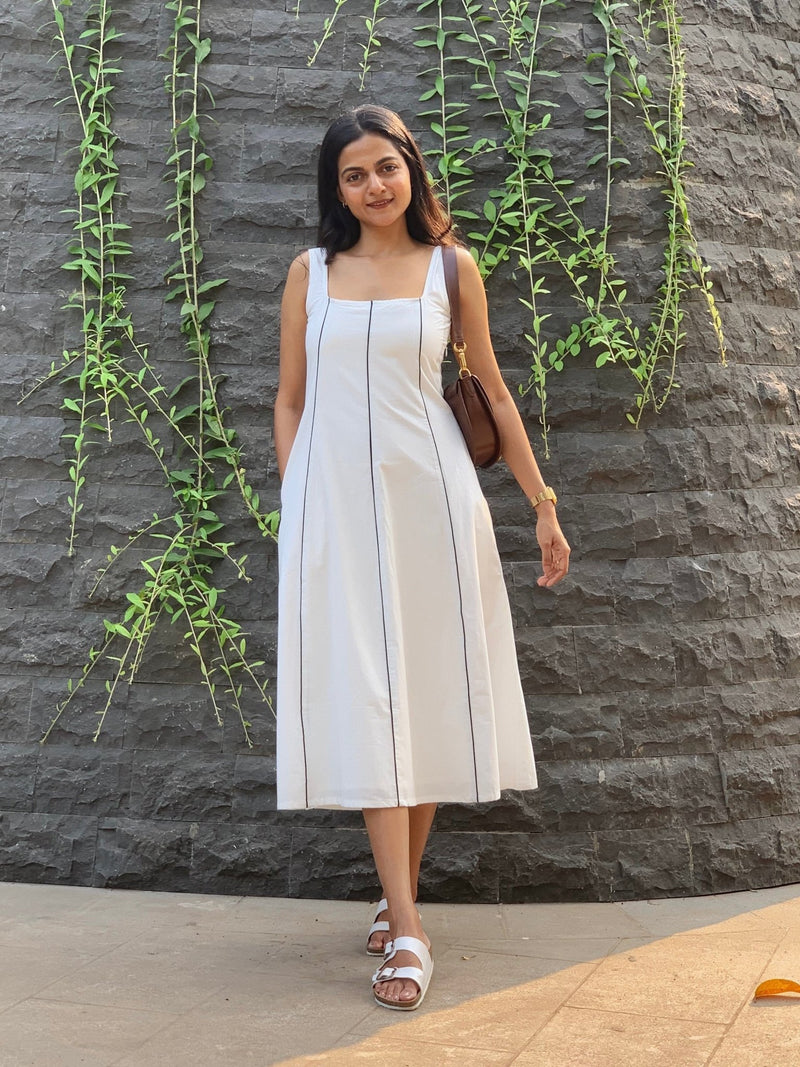 White Cotton Poplin Paneled Midi Dress