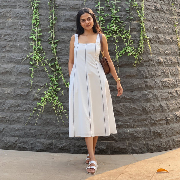 White Cotton Poplin Paneled Midi Dress