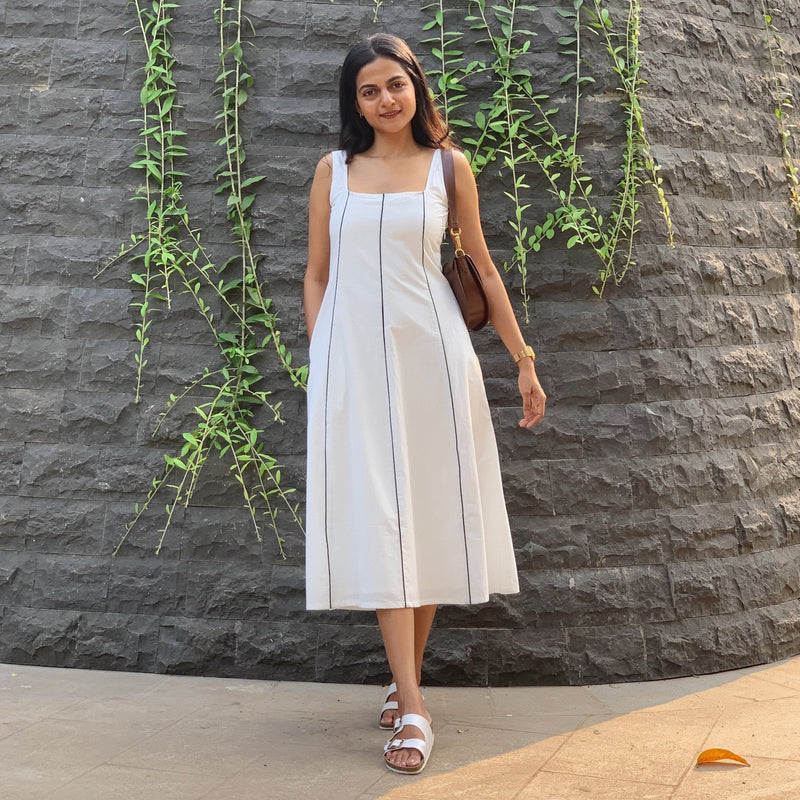 White Cotton Poplin Paneled Midi Dress 38" / Petite (5'1" and below) White Cotton Poplin Paneled Midi Dress 38" / Petite (5'1" and below)