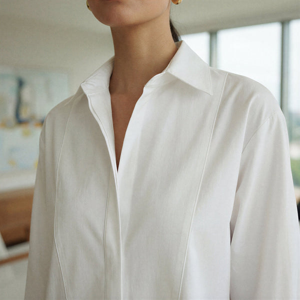 White Cotton Poplin Short Button-Down Shirt Dress