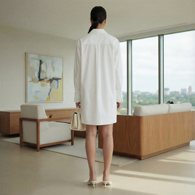 White Cotton Poplin Short Button-Down Shirt Dress