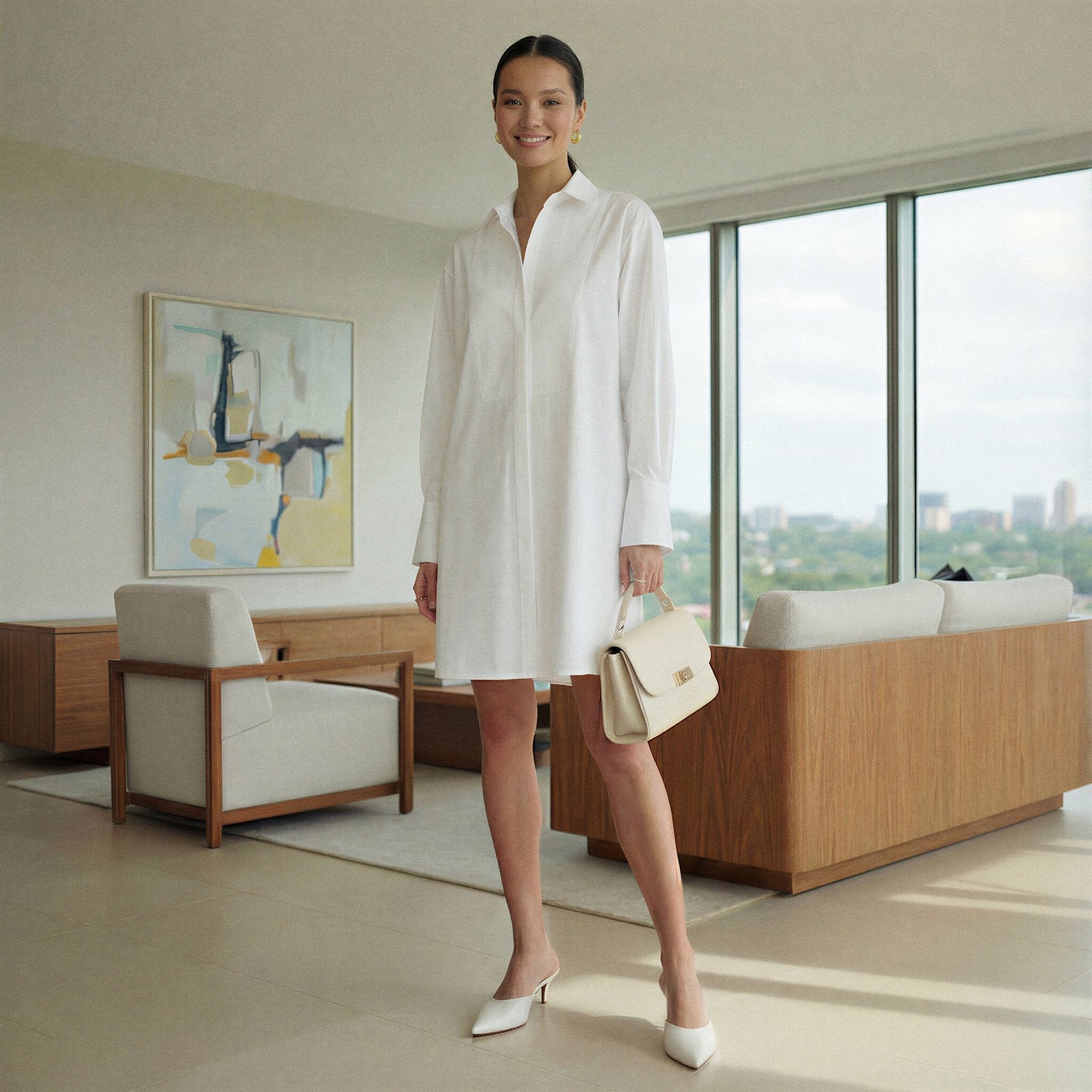 White Cotton Poplin Short Button-Down Shirt Dress 30" / Regular (5'2" - 5'6")