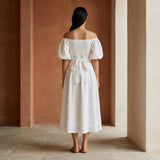 White Cotton Puff Sleeves Off-Shoulder Midi Dress