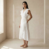 White Cotton Ruffle Midi Wrap Dress