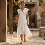 White Cotton Ruffle Midi Wrap Dress