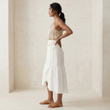 White Cotton Ruffle Midi Wrap Skirt
