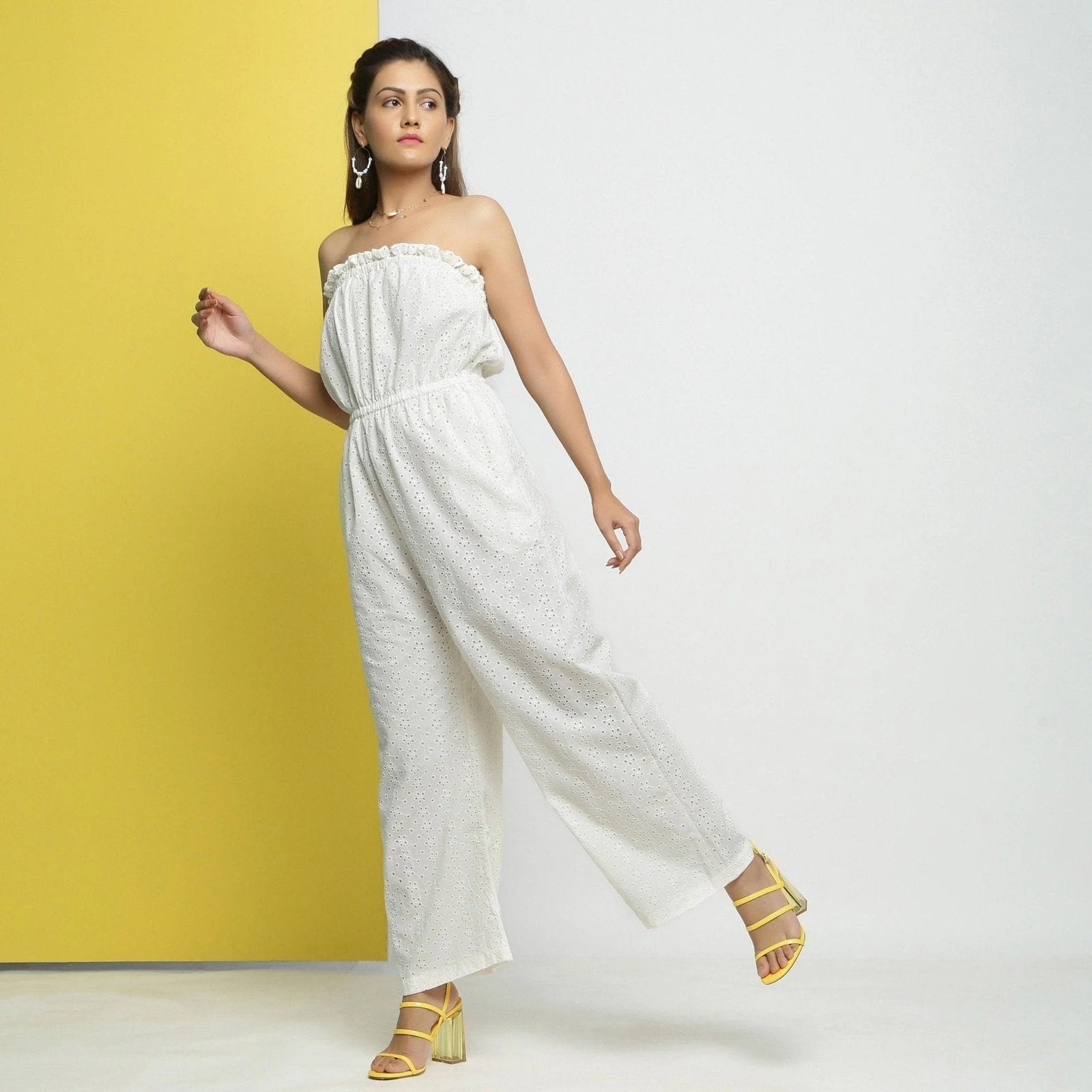 Buy White Cotton Schiffli Floral Elasticated Tube Neck Jumpsuit