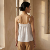 White Cotton Spaghetti Strap Top with Elastic Gathered Back