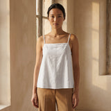 White Cotton Spaghetti Strap Top with Elastic Gathered Back