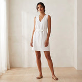 White Cotton V-Neck Short Shift Dress with Scarf-Belt