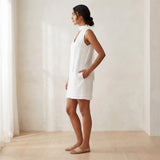 White Cotton V-Neck Short Shift Dress with Scarf-Belt