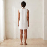 White Cotton V-Neck Short Shift Dress with Scarf-Belt