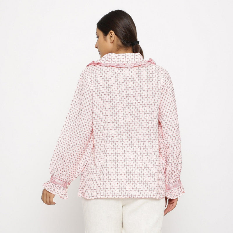 Back View of a Model wearing White Crinkled Cotton Button-Down Shirt