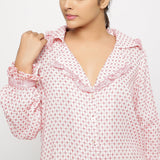 Front Detail of a Model wearing White Crinkled Cotton Button-Down Shirt