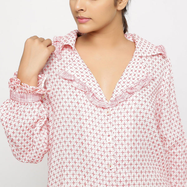 Front Detail of a Model wearing White Crinkled Cotton Button-Down Shirt