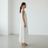 White Crinkled Cotton V-Neck Maxi Tier Dress