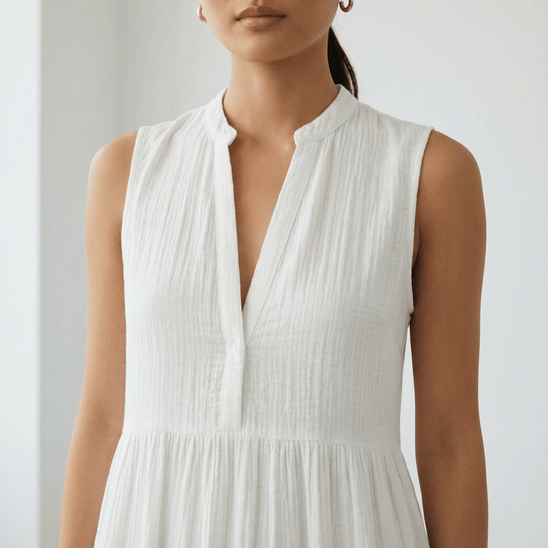 White Crinkled Cotton V-Neck Maxi Tier Dress
