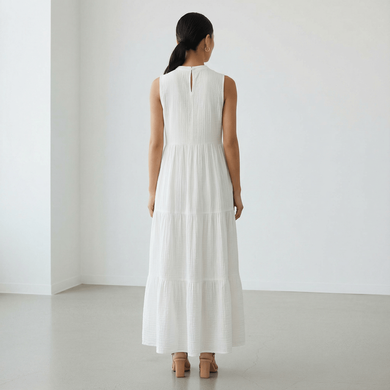 White Crinkled Cotton V-Neck Maxi Tier Dress