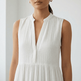 White Crinkled Cotton V-Neck Maxi Tier Dress