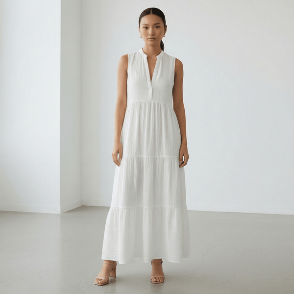 White Crinkled Cotton V-Neck Maxi Tier Dress