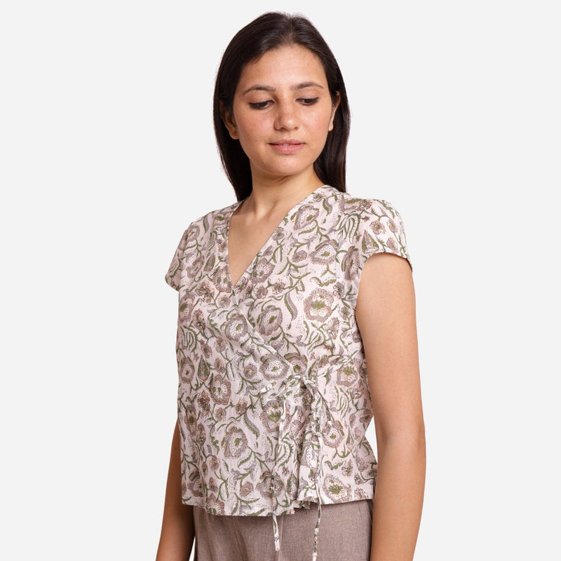 Left View of a Model wearing Floral Print V-Neck Casual Wrap Top