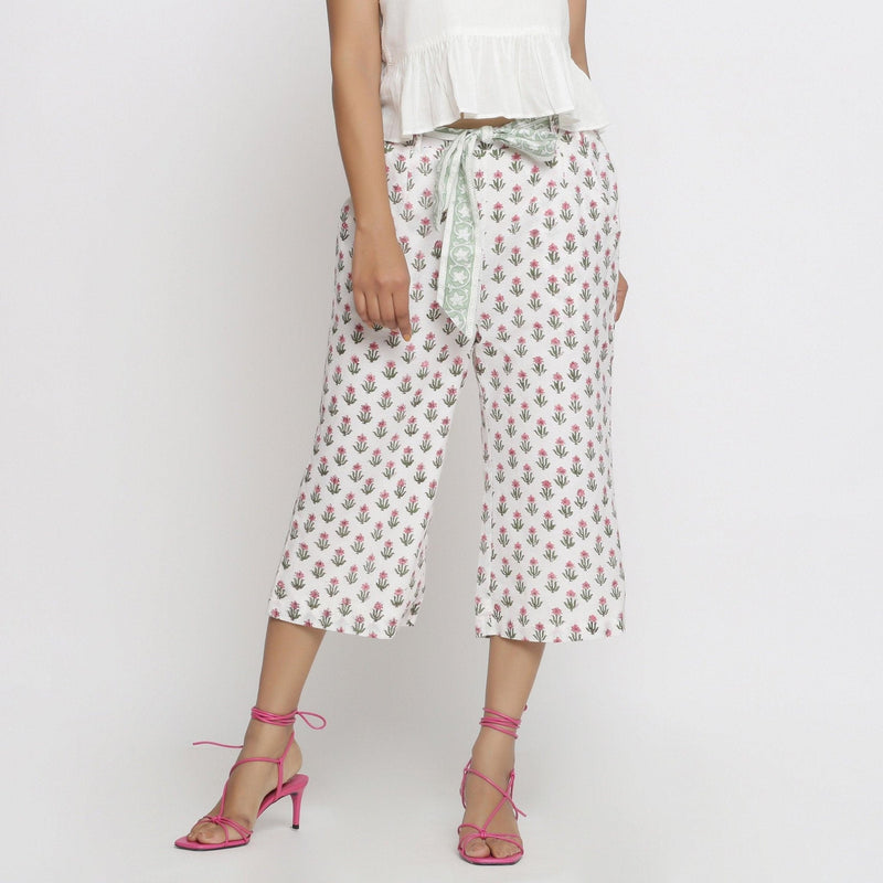 Front View of a Model wearing Floral Block Printed Low Rise Culottes