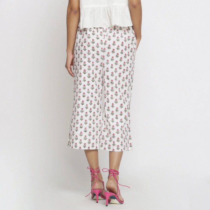 Back View of a Model wearing Floral Block Printed Low Rise Culottes