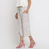 Left View of a Model wearing Floral Block Printed Low Rise Culottes