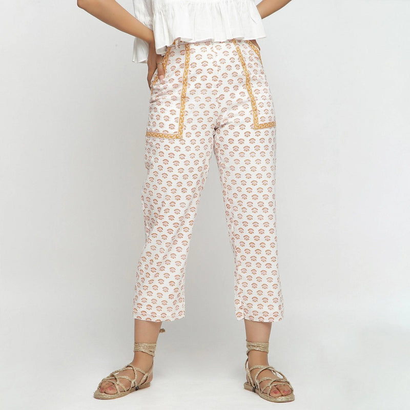 Front View of a Model wearing Floral Block Printed Straight Fit Pant