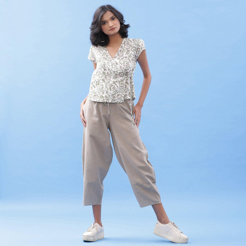 Front View of a Model wearing Floral Hand Block Printed Wrap Top