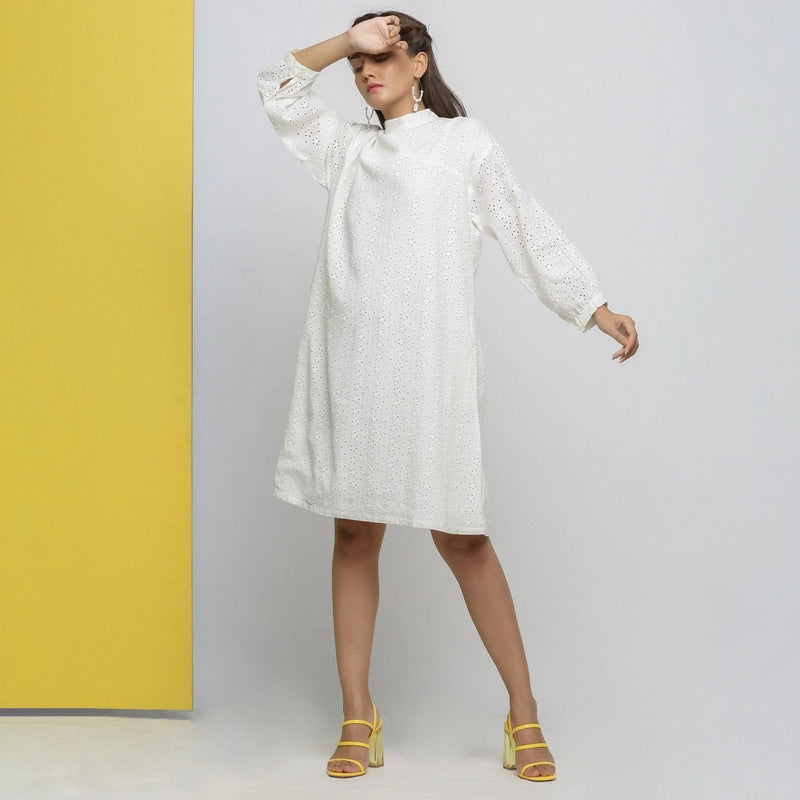 Buy White Floral Cotton Schiffli Knee Length Stand Collar Dress Online at SeamsFriendly Buy White Floral Cotton Schiffli Knee Length Stand Collar Dress Online at SeamsFriendly