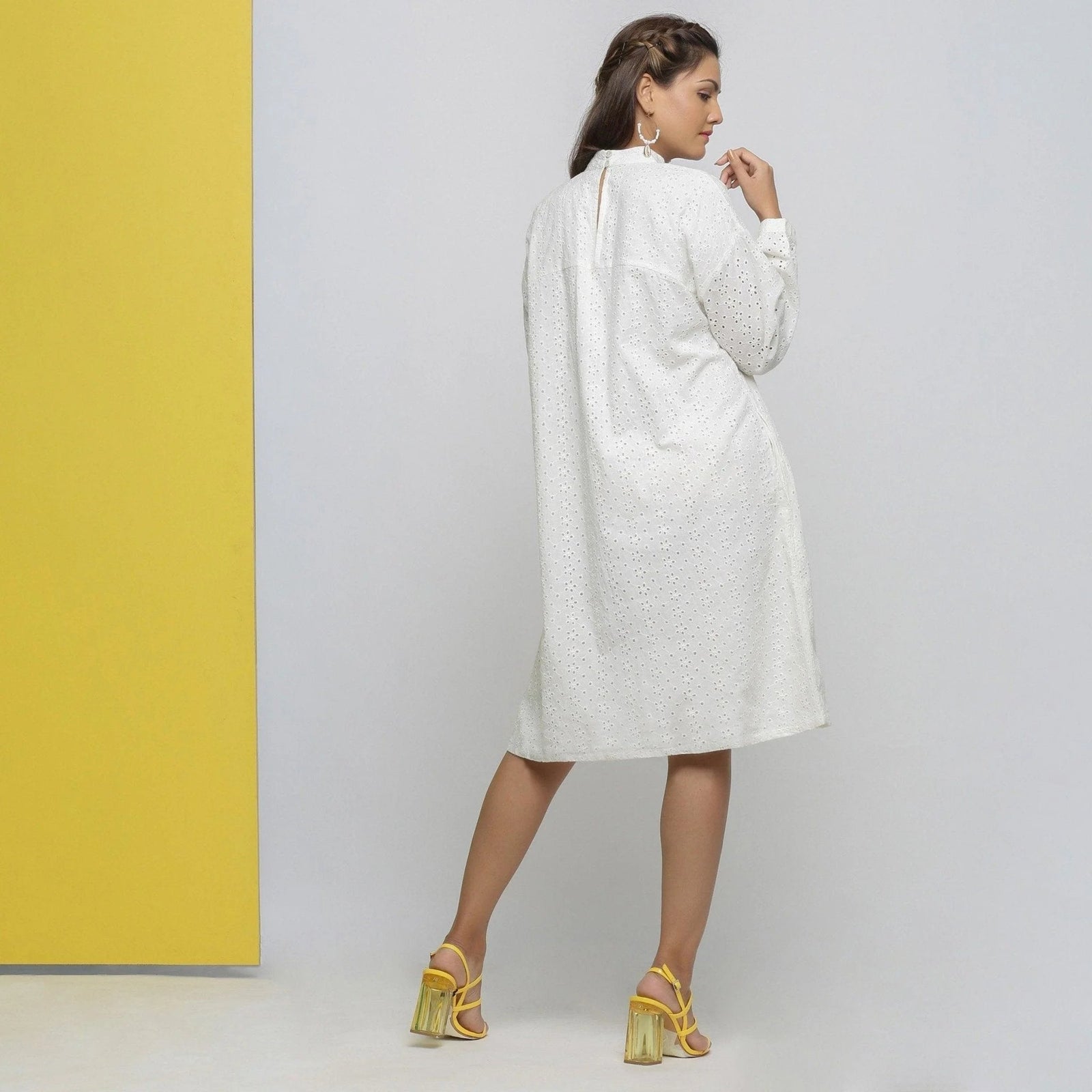 Buy White Floral Cotton Schiffli Knee Length Stand Collar Dress Online at SeamsFriendly Buy White Floral Cotton Schiffli Knee Length Stand Collar Dress Online at SeamsFriendly